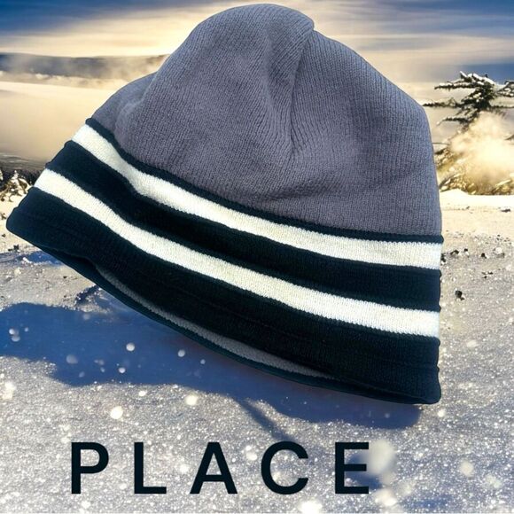 PLACE l Unisex Beanie l Grey, White, Black Stripes l Lined l 10-12 l EUC - Picture 1 of 6
